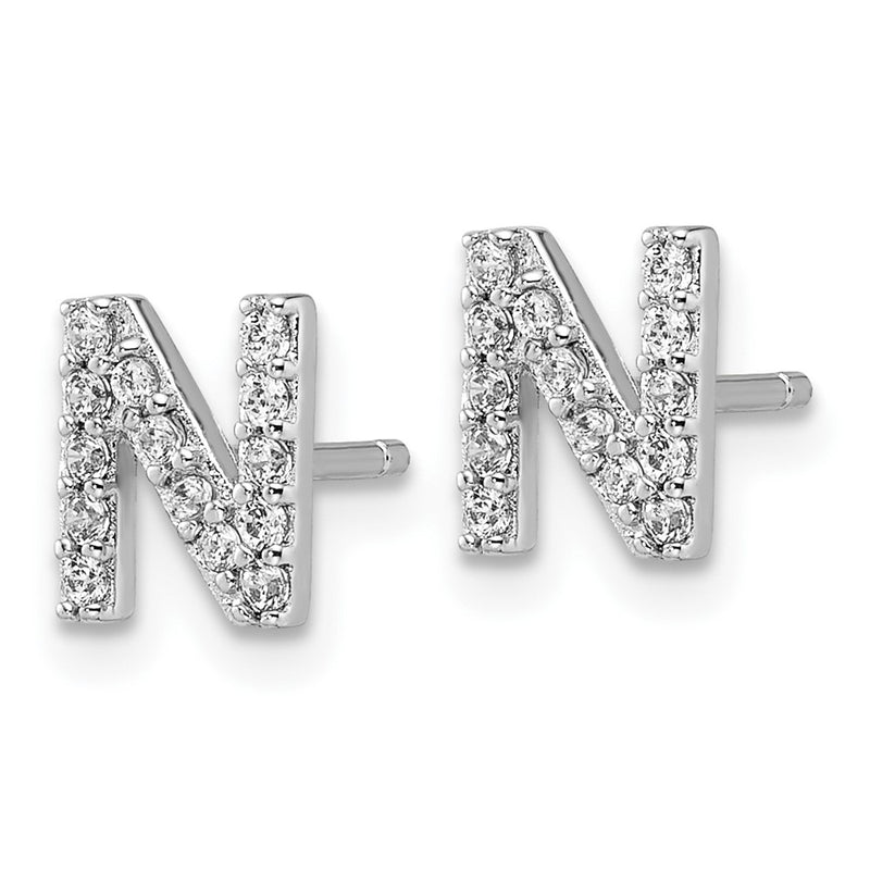 Sterling Silver Cheryl M Rhodium Plated Polished Letter N CZ Initial Post Earrings