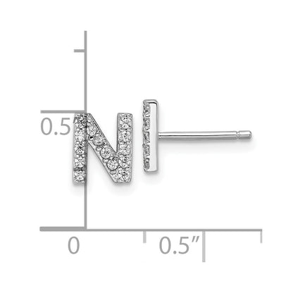 Sterling Silver Cheryl M Rhodium Plated Polished Letter N CZ Initial Post Earrings
