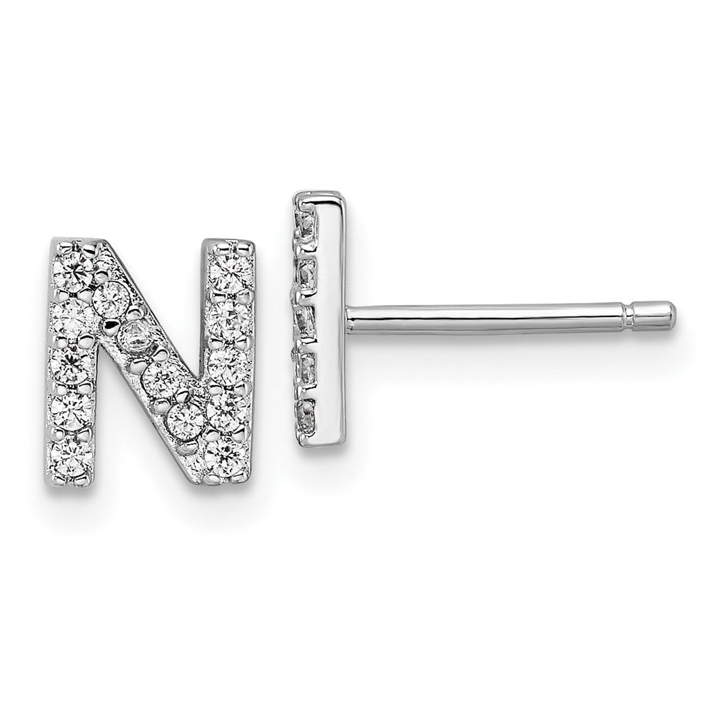 Sterling Silver Cheryl M Rhodium Plated Polished Letter N CZ Initial Post Earrings