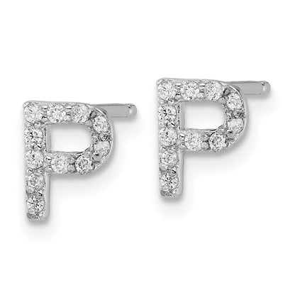 Sterling Silver Cheryl M Rhodium Plated Polished Letter P CZ Initial Post Earrings
