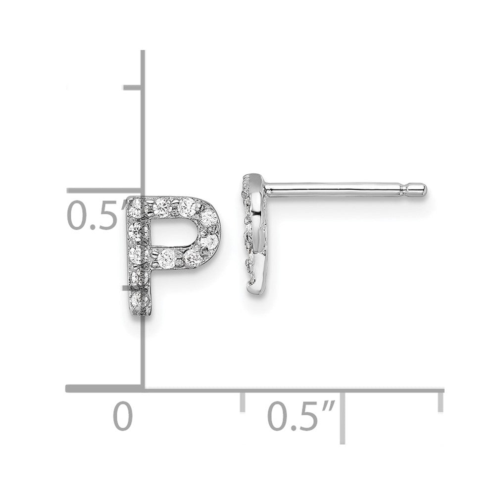 Sterling Silver Cheryl M Rhodium Plated Polished Letter P CZ Initial Post Earrings