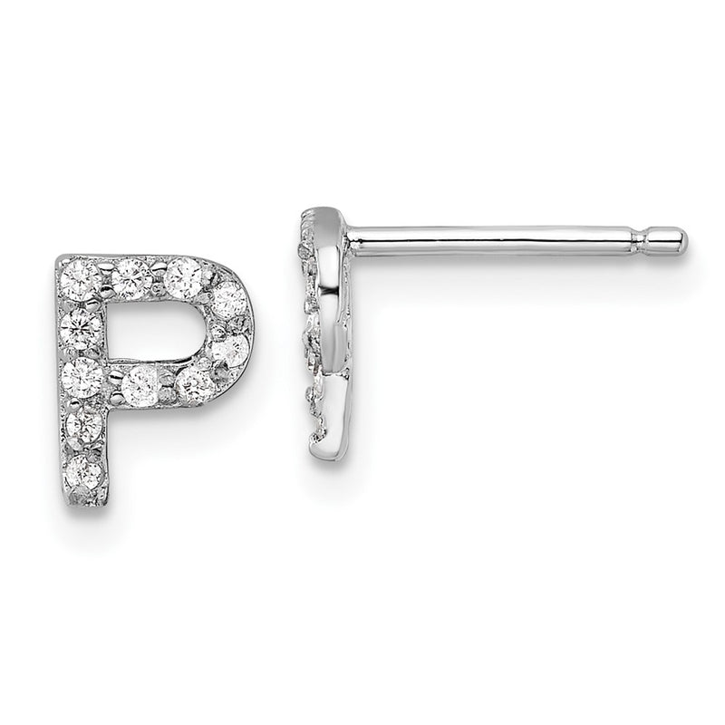Sterling Silver Cheryl M Rhodium Plated Polished Letter P CZ Initial Post Earrings