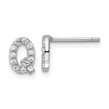 Sterling Silver Cheryl M Rhodium Plated Polished Letter Q CZ Initial Post Earrings