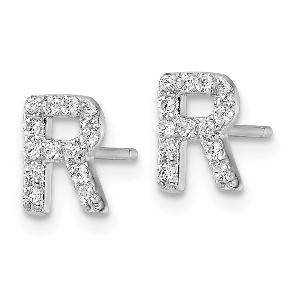 Sterling Silver Cheryl M Rhodium Plated Polished Letter R CZ Initial Post Earrings