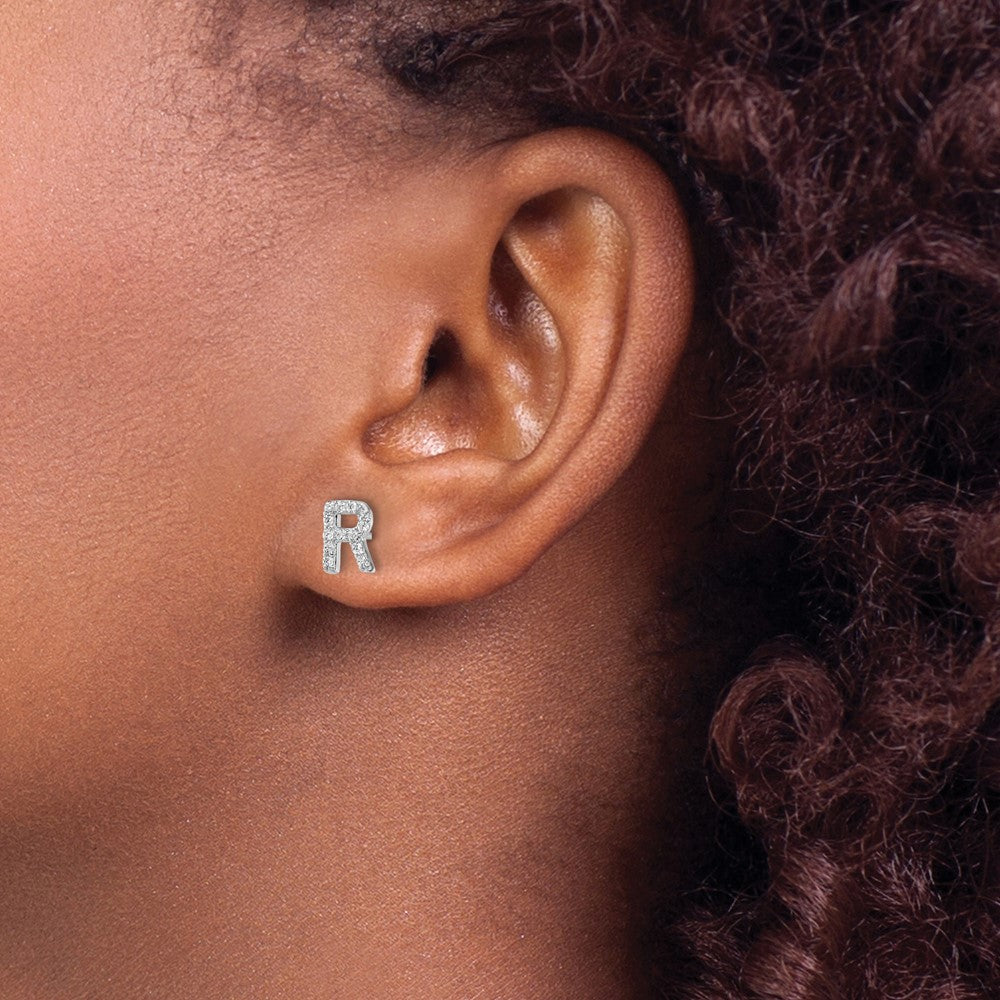 Sterling Silver Cheryl M Rhodium Plated Polished Letter R CZ Initial Post Earrings