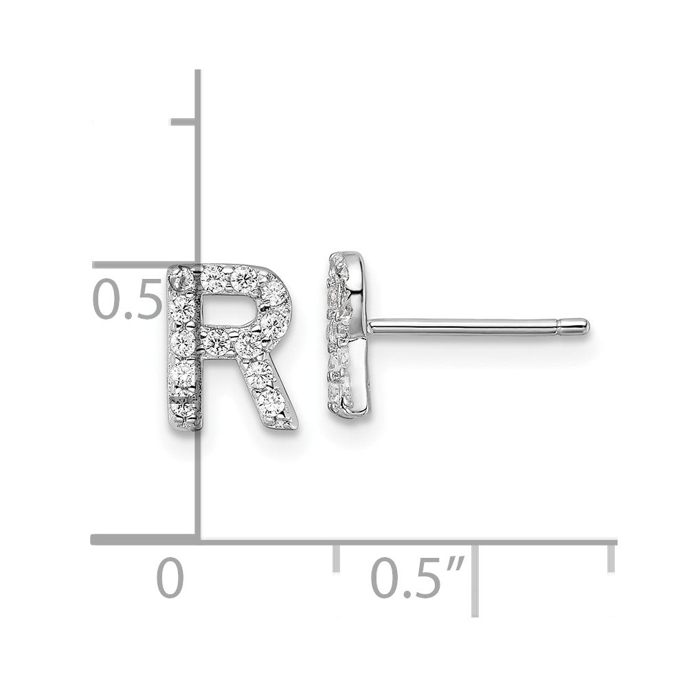 Sterling Silver Cheryl M Rhodium Plated Polished Letter R CZ Initial Post Earrings