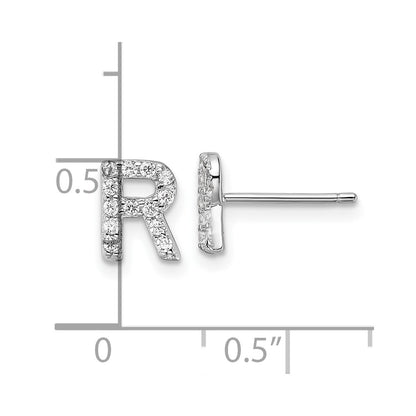 Sterling Silver Cheryl M Rhodium Plated Polished Letter R CZ Initial Post Earrings