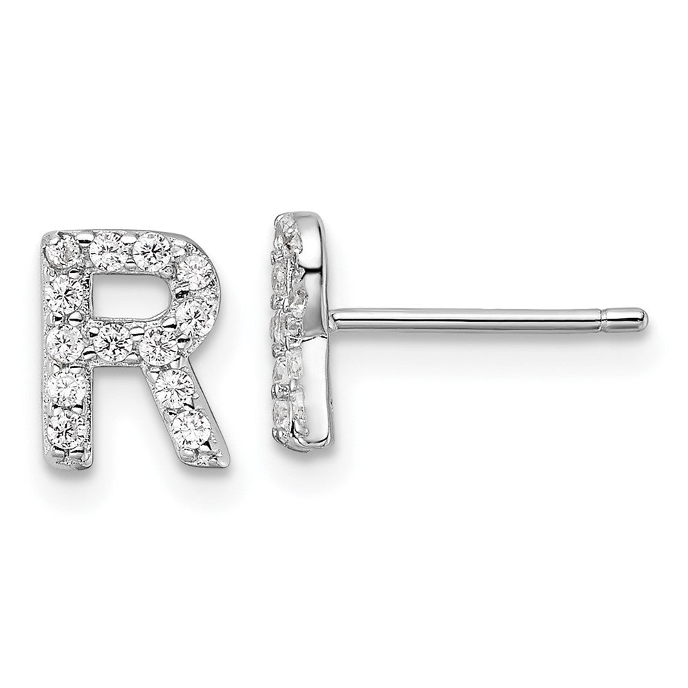 Sterling Silver Cheryl M Rhodium Plated Polished Letter R CZ Initial Post Earrings