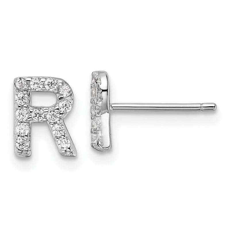 Sterling Silver Cheryl M Rhodium Plated Polished Letter R CZ Initial Post Earrings
