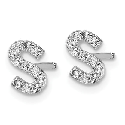 Sterling Silver Cheryl M Rhodium Plated Polished Letter S CZ Initial Post Earrings