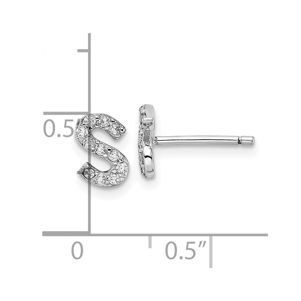 Sterling Silver Cheryl M Rhodium Plated Polished Letter S CZ Initial Post Earrings