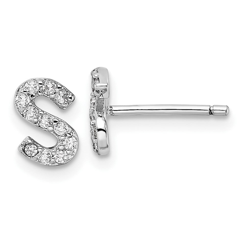 Sterling Silver Cheryl M Rhodium Plated Polished Letter S CZ Initial Post Earrings
