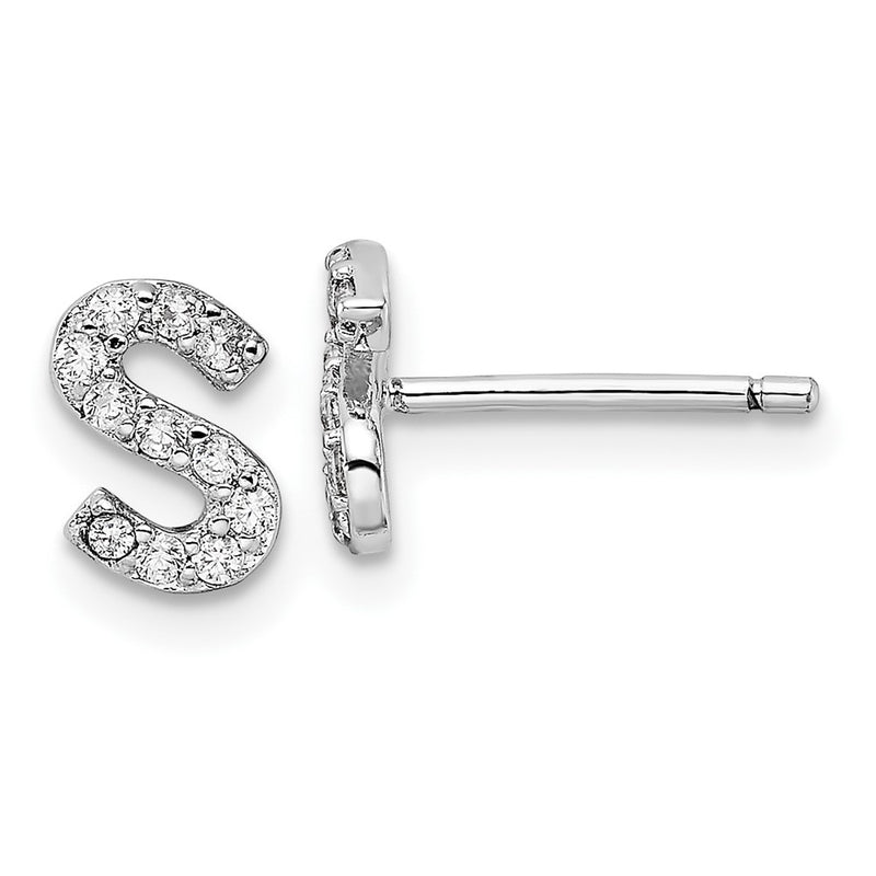 Sterling Silver Cheryl M Rhodium Plated Polished Letter S CZ Initial Post Earrings