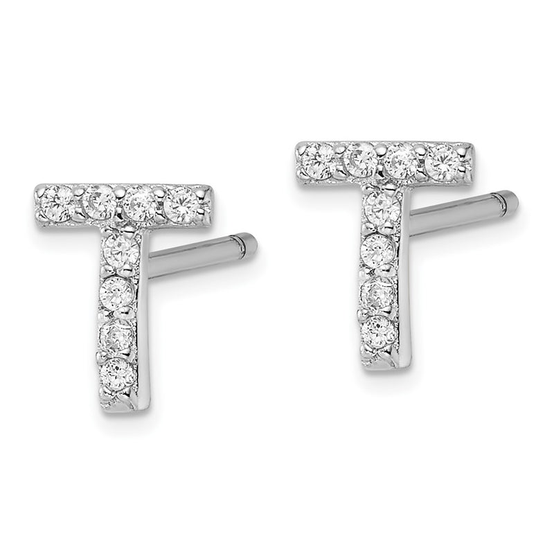 Sterling Silver Cheryl M Rhodium Plated Polished Letter T CZ Initial Post Earrings