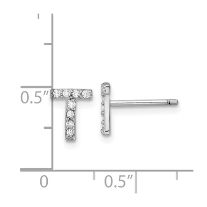 Sterling Silver Cheryl M Rhodium Plated Polished Letter T CZ Initial Post Earrings