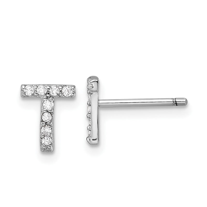 Sterling Silver Cheryl M Rhodium Plated Polished Letter T CZ Initial Post Earrings