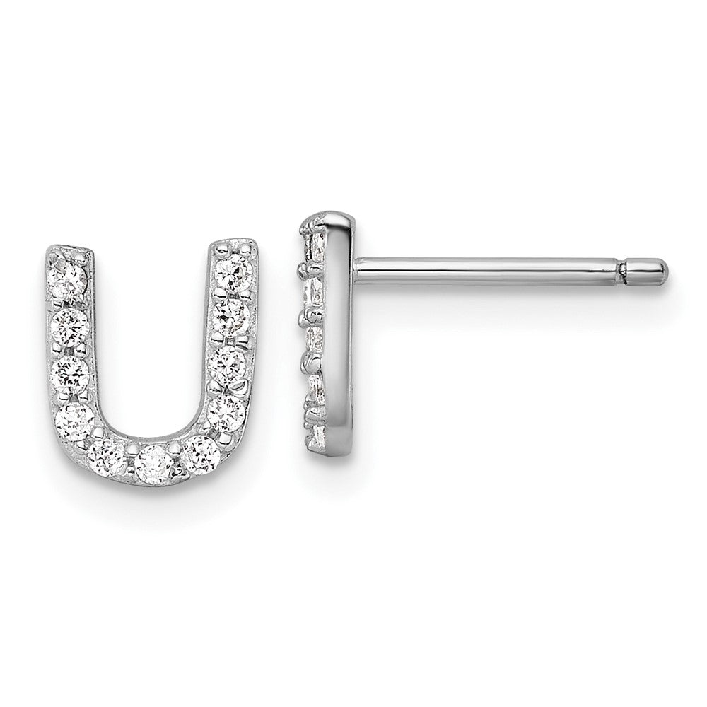 Sterling Silver Cheryl M Rhodium Plated Polished Letter U CZ Initial Post Earrings