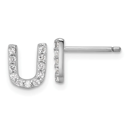 Sterling Silver Cheryl M Rhodium Plated Polished Letter U CZ Initial Post Earrings