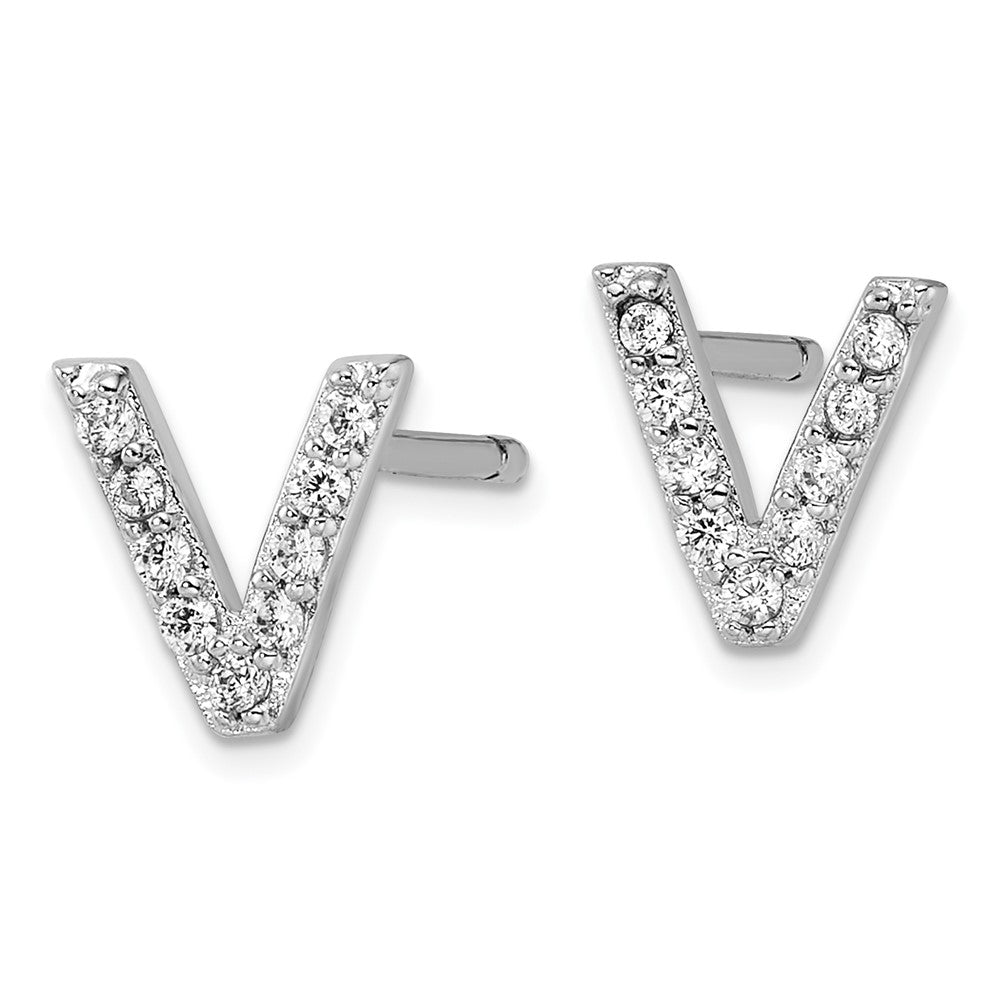 Sterling Silver Cheryl M Rhodium Plated Polished Letter V CZ Initial Post Earrings
