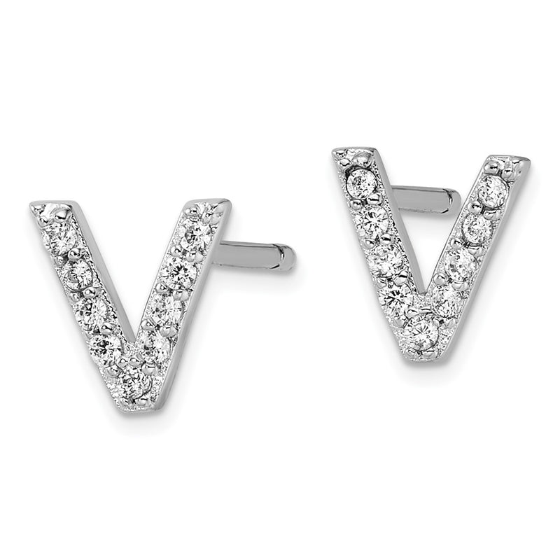 Sterling Silver Cheryl M Rhodium Plated Polished Letter V CZ Initial Post Earrings