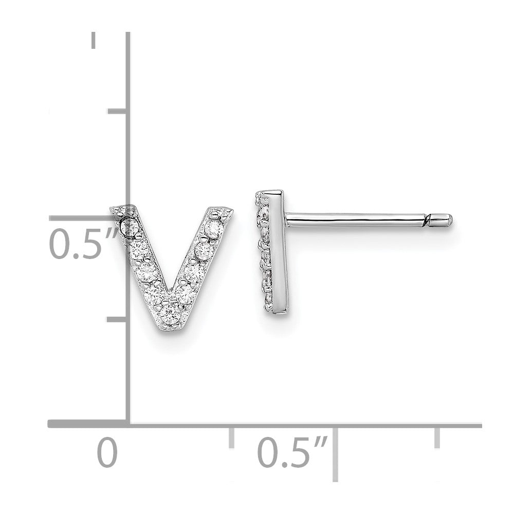 Sterling Silver Cheryl M Rhodium Plated Polished Letter V CZ Initial Post Earrings