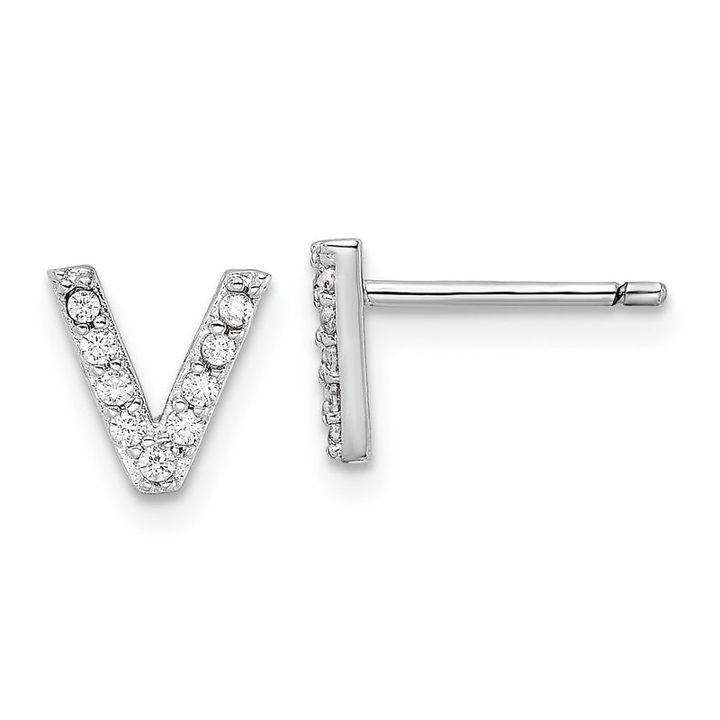 Sterling Silver Cheryl M Rhodium Plated Polished Letter V CZ Initial Post Earrings