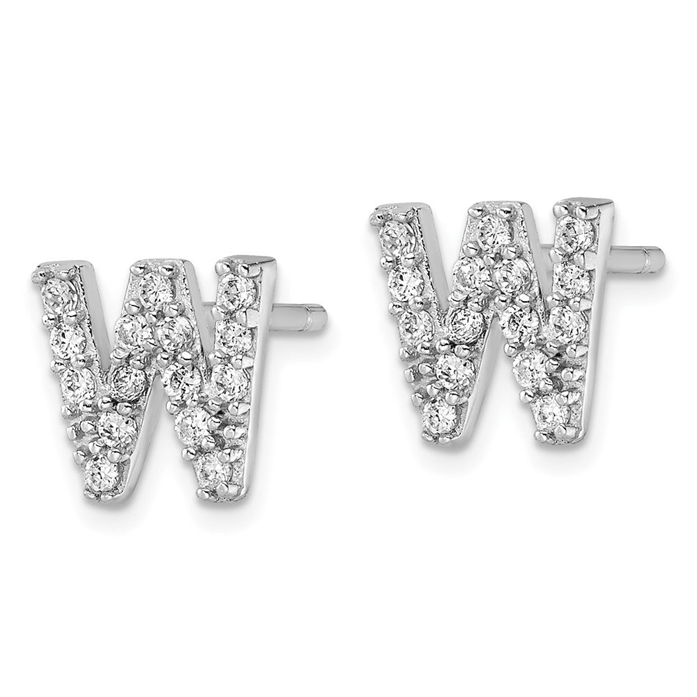 Sterling Silver Cheryl M Rhodium Plated Polished Letter W CZ Initial Post Earrings