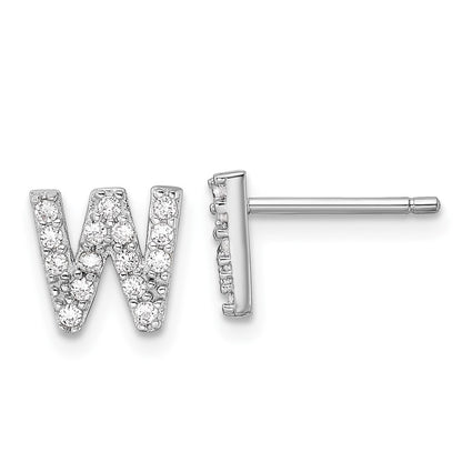 Sterling Silver Cheryl M Rhodium Plated Polished Letter W CZ Initial Post Earrings