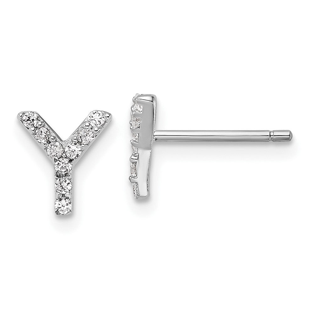 Sterling Silver Cheryl M Rhodium Plated Polished Letter Y CZ Initial Post Earrings