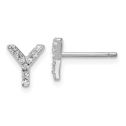 Sterling Silver Cheryl M Rhodium Plated Polished Letter Y CZ Initial Post Earrings