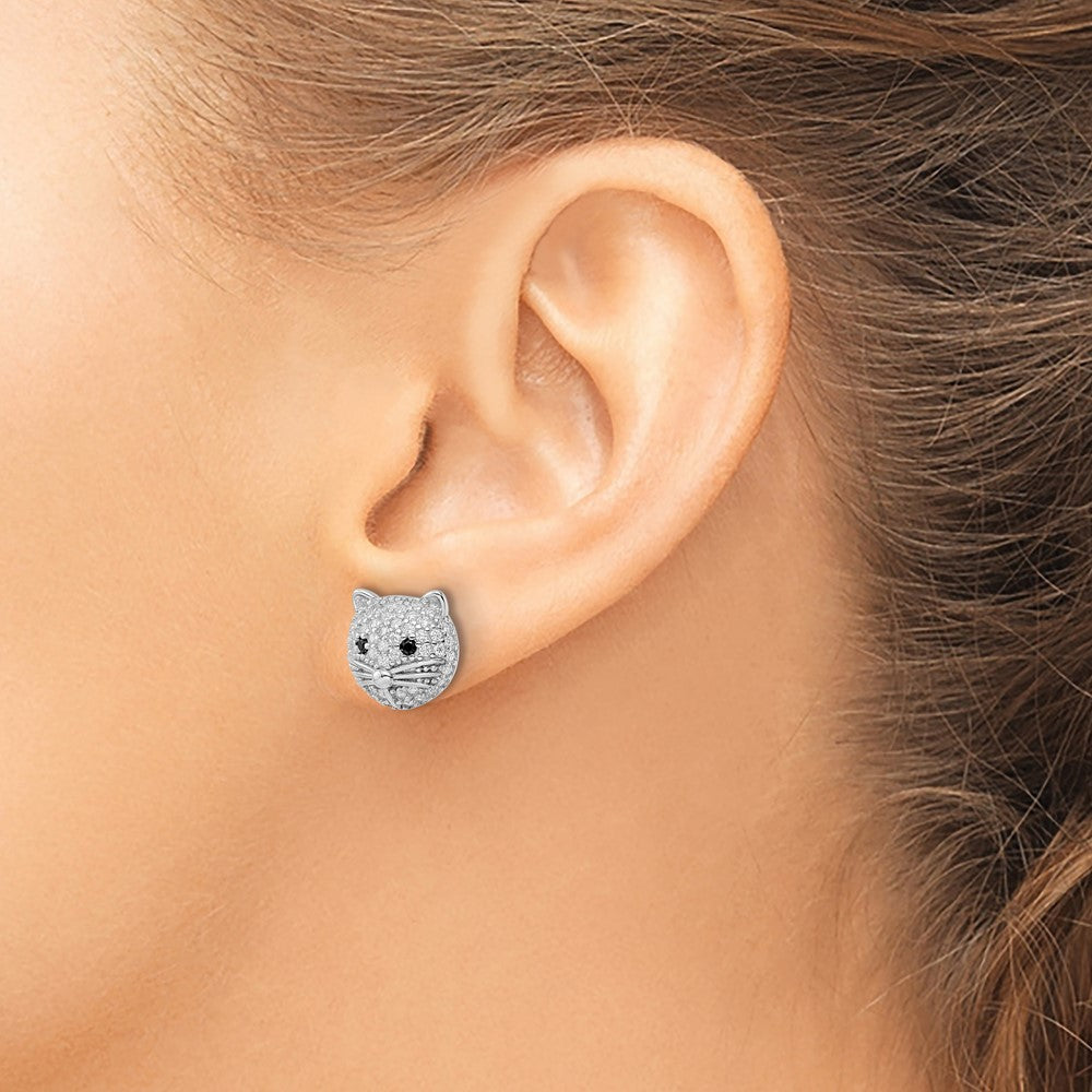 Sterling Silver Cheryl M Rhodium Plated Black & White CZ Cat Post Earrings