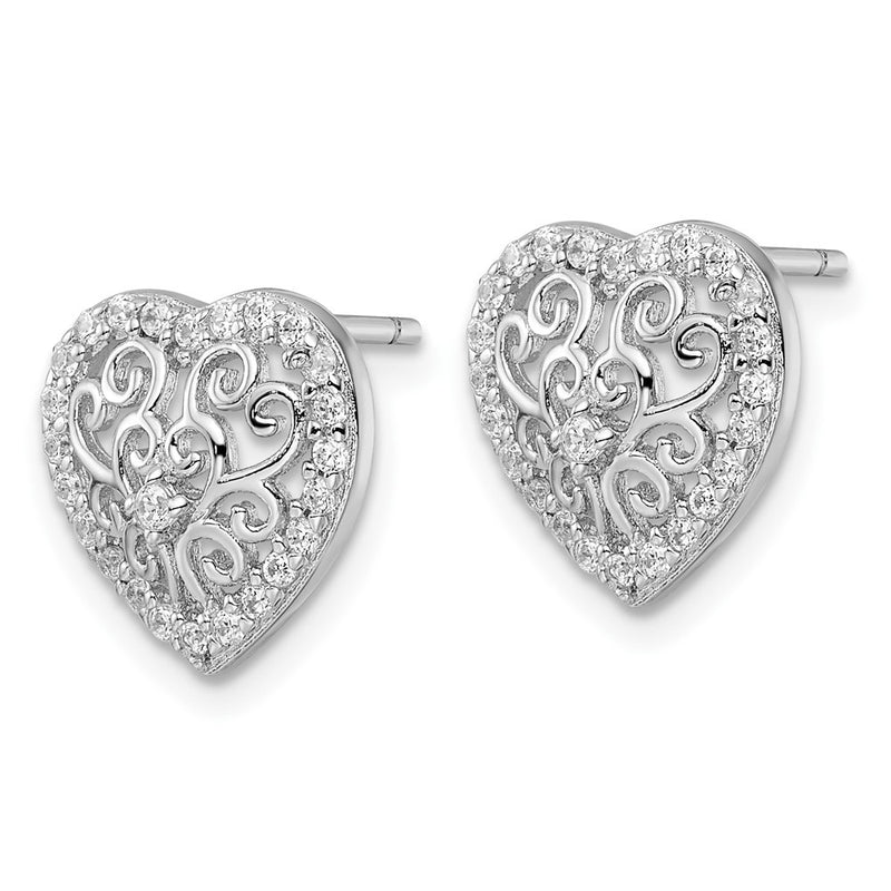 Sterling Silver Cheryl M Rhodium Plated Polished CZ Filigree Heart Post Earrings