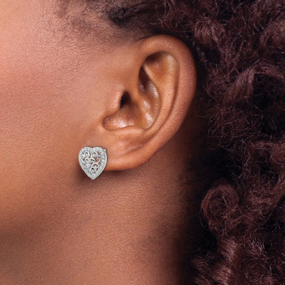 Sterling Silver Cheryl M Rhodium Plated Polished CZ Filigree Heart Post Earrings