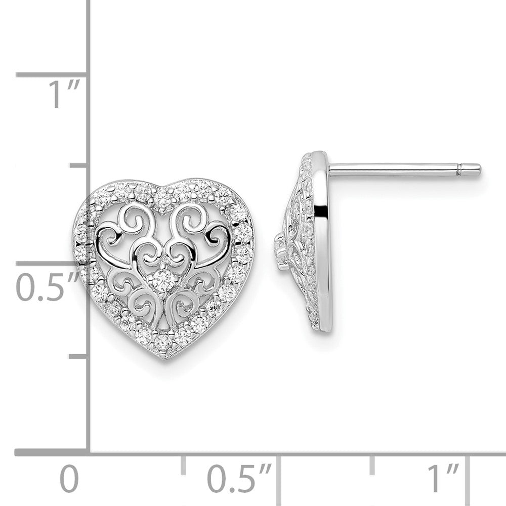 Sterling Silver Cheryl M Rhodium Plated Polished CZ Filigree Heart Post Earrings