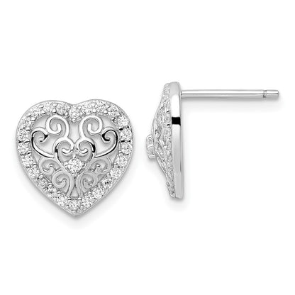 Sterling Silver Cheryl M Rhodium Plated Polished CZ Filigree Heart Post Earrings