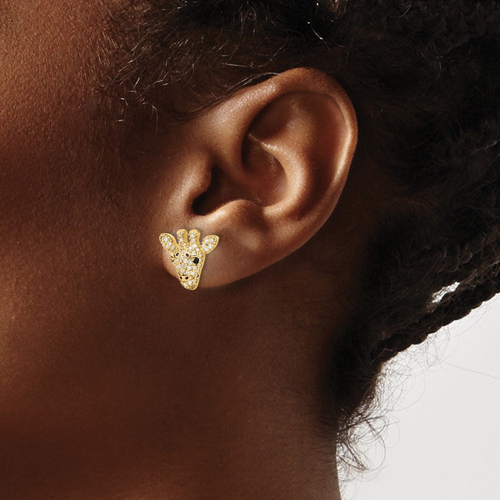 Sterling Silver Cheryl M Gold-Pltd Black/white CZ Enamel Giraffe Post Earrings