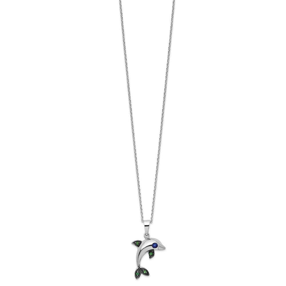 Sterling Silver Cheryl M Rh-Pltd Blk Rh Blue/green CZ Dolphin w/2in Ext Necklace