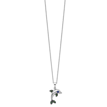 Sterling Silver Cheryl M Rh-Pltd Blk Rh Blue/green CZ Dolphin w/2in Ext Necklace