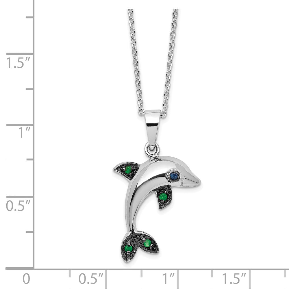 Sterling Silver Cheryl M Rh-Pltd Blk Rh Blue/green CZ Dolphin w/2in Ext Necklace