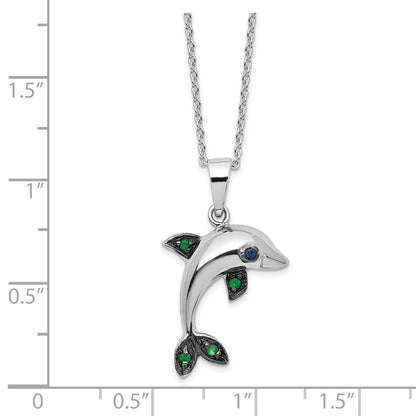 Sterling Silver Cheryl M Rh-Pltd Blk Rh Blue/green CZ Dolphin w/2in Ext Necklace
