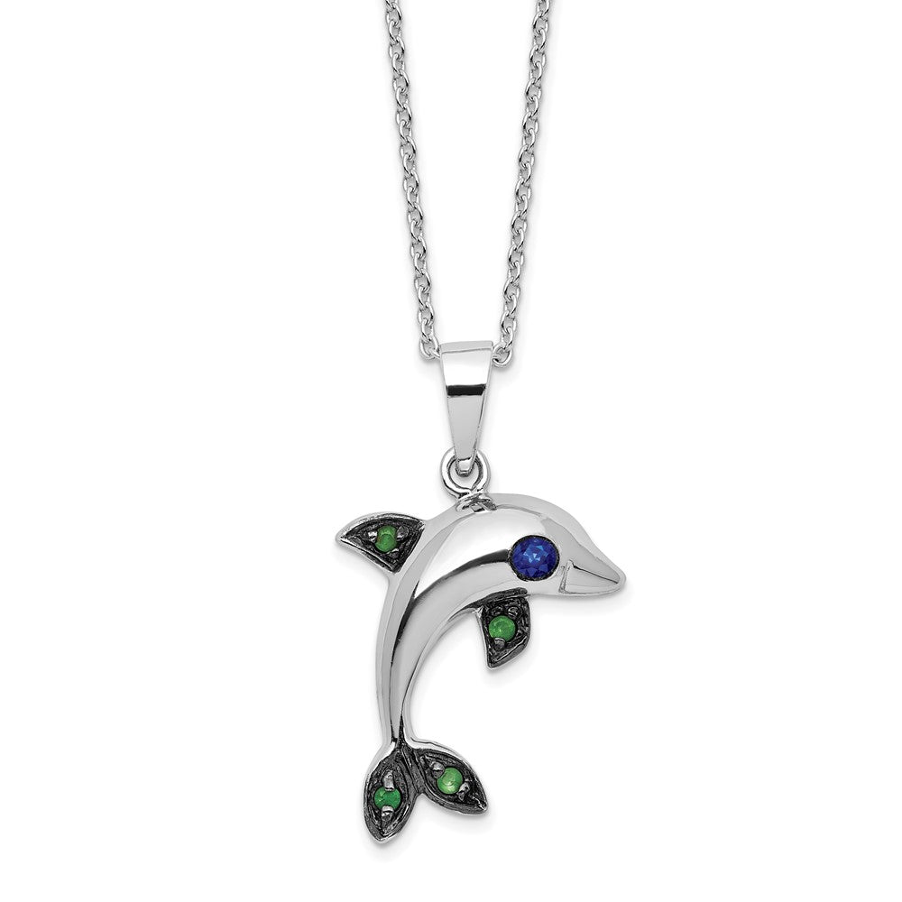 Sterling Silver Cheryl M Rh-Pltd Blk Rh Blue/green CZ Dolphin w/2in Ext Necklace