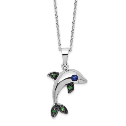 Sterling Silver Cheryl M Rh-Pltd Blk Rh Blue/green CZ Dolphin w/2in Ext Necklace