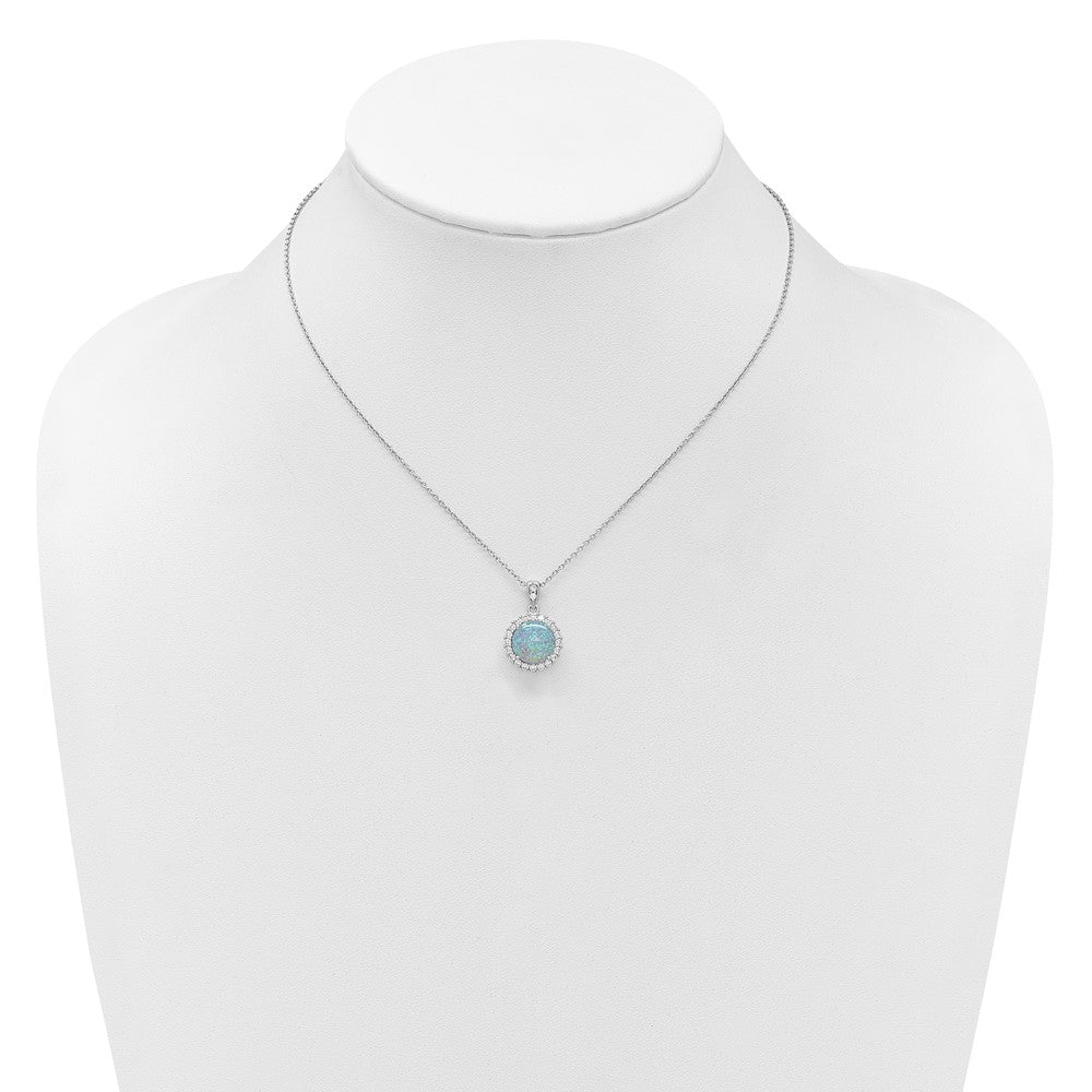 Sterling Silver Cheryl M Rhodium Plated Lab Cr. Opal CZ Circle 16in w/2in Ext Necklace
