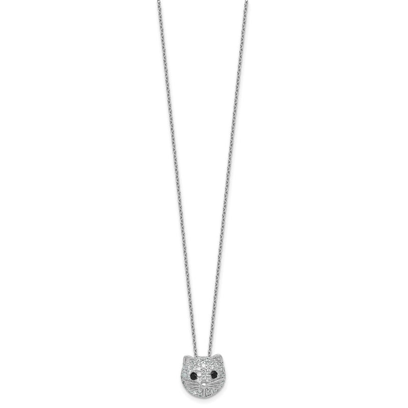 Sterling Silver Cheryl M Rhodium Plated CZ and Black Spinel Cat 16in w/2in Ext Necklace
