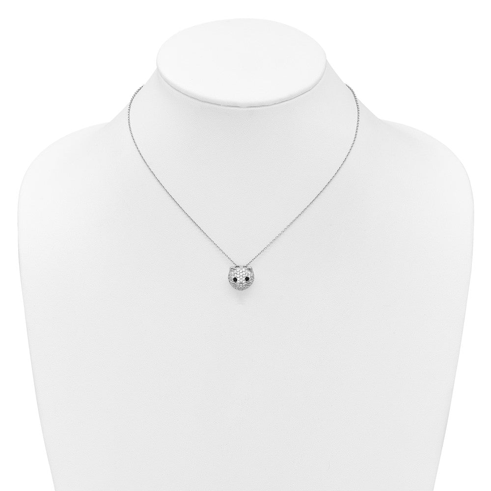 Sterling Silver Cheryl M Rhodium Plated CZ and Black Spinel Cat 16in w/2in Ext Necklace