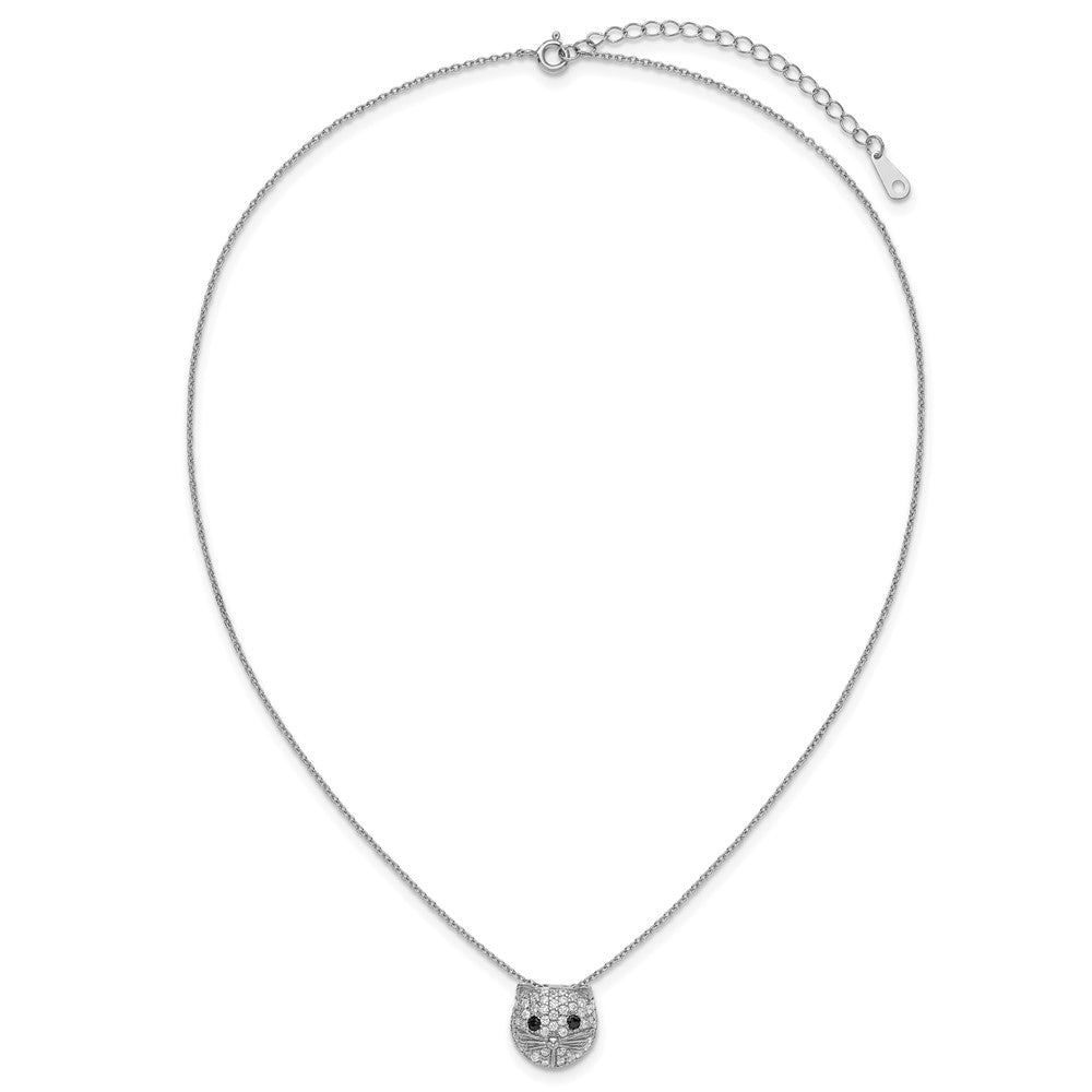Sterling Silver Cheryl M Rhodium Plated CZ and Black Spinel Cat 16in w/2in Ext Necklace