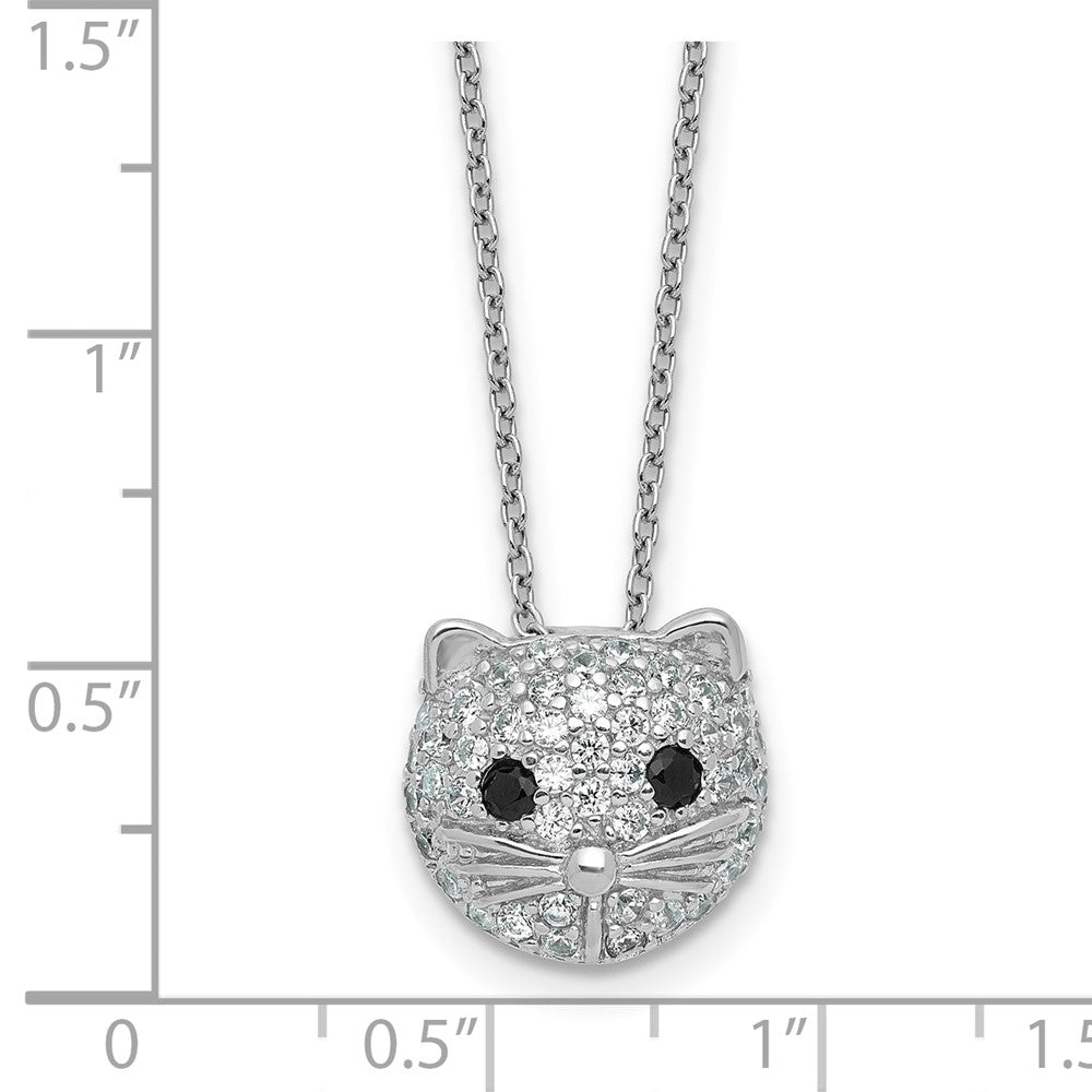 Sterling Silver Cheryl M Rhodium Plated CZ and Black Spinel Cat 16in w/2in Ext Necklace