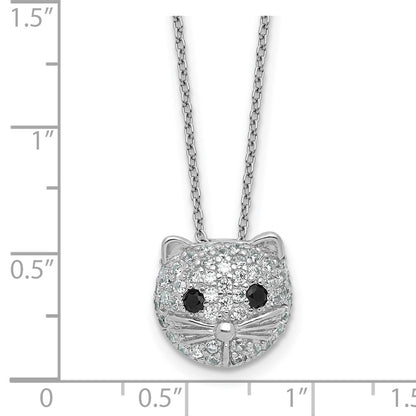 Sterling Silver Cheryl M Rhodium Plated CZ and Black Spinel Cat 16in w/2in Ext Necklace