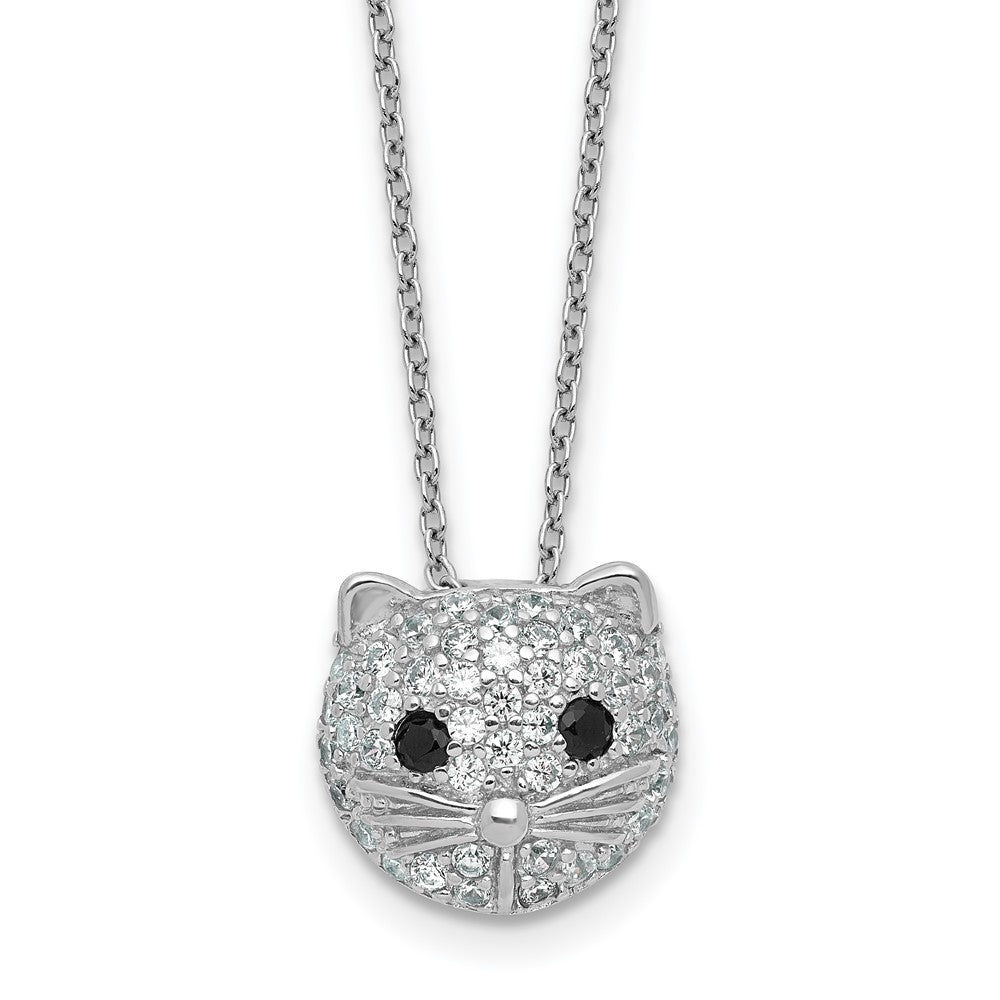 Sterling Silver Cheryl M Rhodium Plated CZ and Black Spinel Cat 16in w/2in Ext Necklace