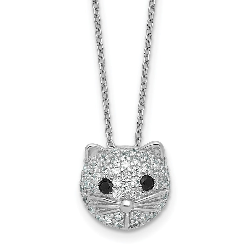 Sterling Silver Cheryl M Rhodium Plated CZ and Black Spinel Cat 16in w/2in Ext Necklace